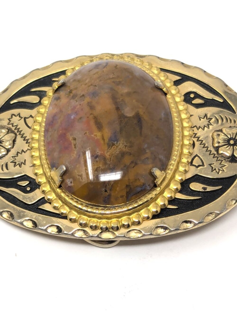 Jasper Cabochon Belt Buckle Bear Paw Native Adirondack Style Gold Tone Enamel